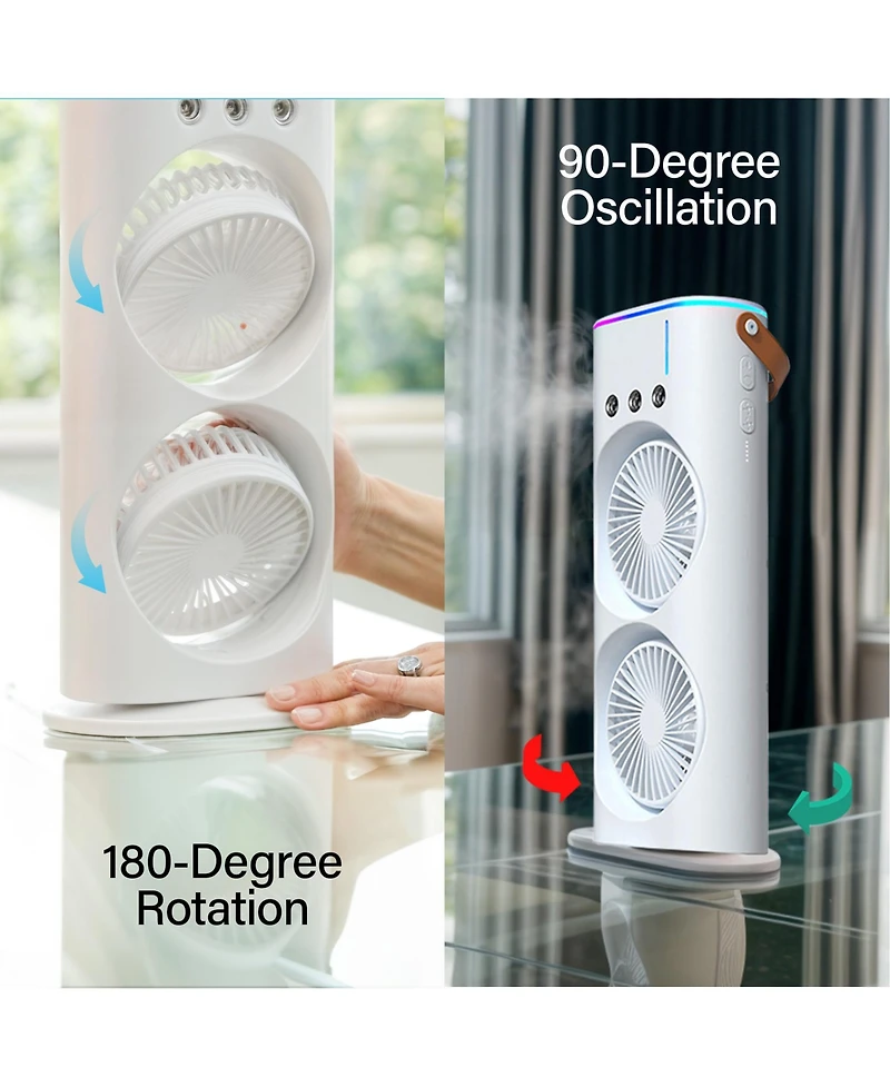 3 Fan Speeds Rechargeable Led Cooling Oscillation Personal Dual Misting Fan in White with Remote