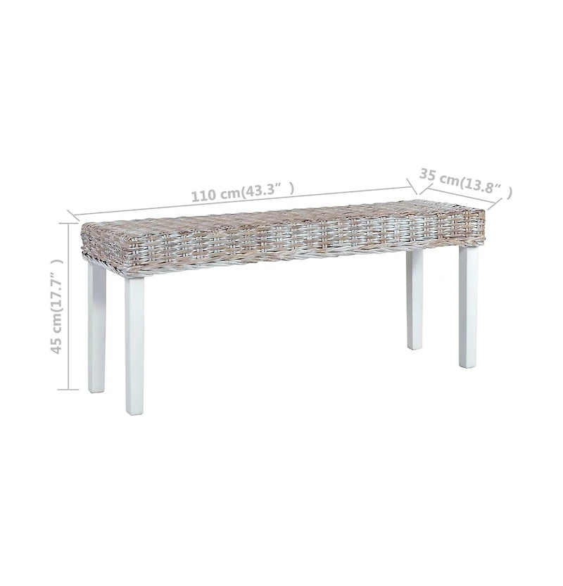 vidaXL Bench 43.3" White Natural Kubu Rattan and Solid Mango Wood