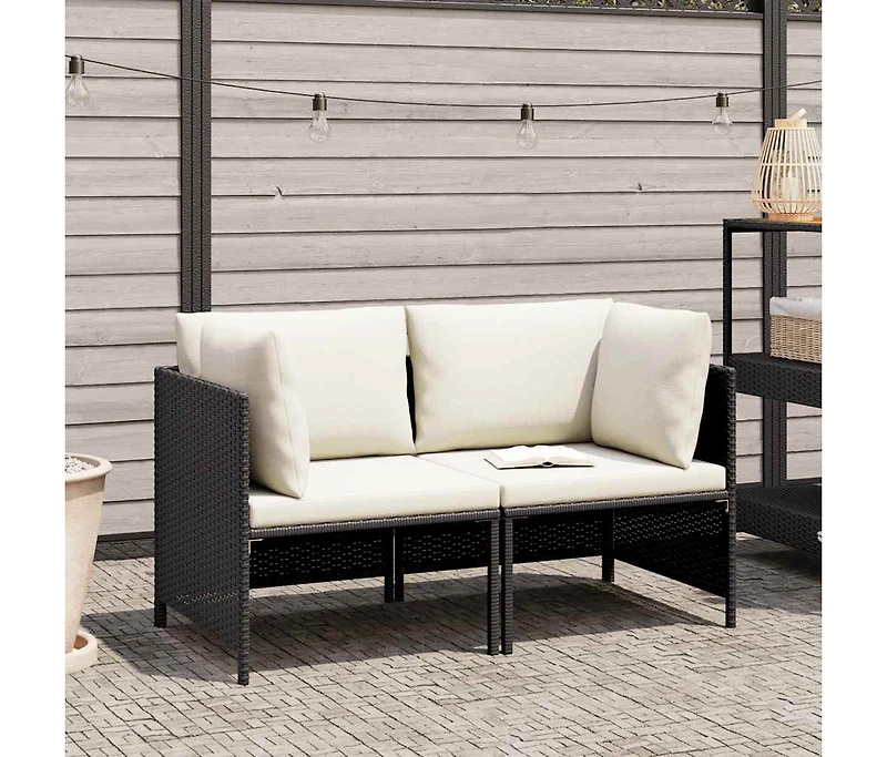 vidaXL 2-Seater Patio Sofa with Cushions Black Poly Rattan