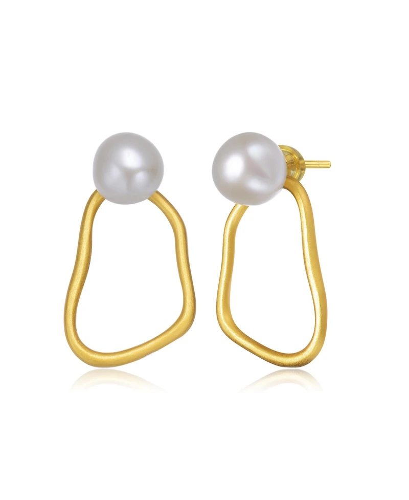 Sterling Silver Gold Plated with Genuine Freshwater Round Pearl Drop Earrings