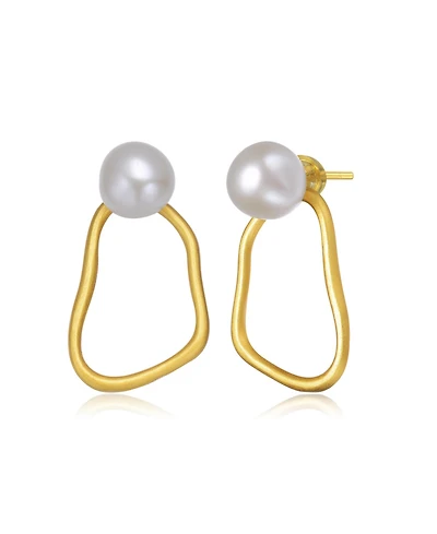 Sterling Silver Gold Plated with Genuine Freshwater Round Pearl Drop Earrings