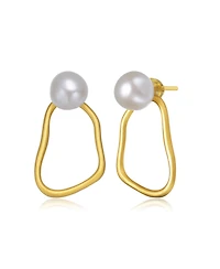 Sterling Silver Gold Plated with Genuine Freshwater Round Pearl Drop Earrings