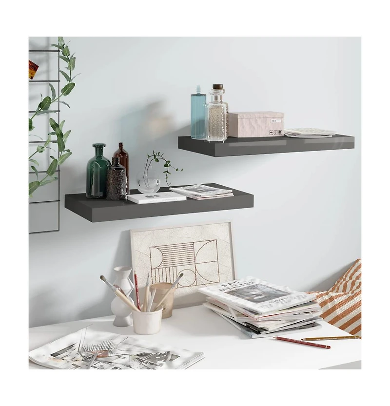 vidaXL Floating Wall Shelves 2 pcs High Gloss Gray 19.7"x9.1"x1.5" Mdf