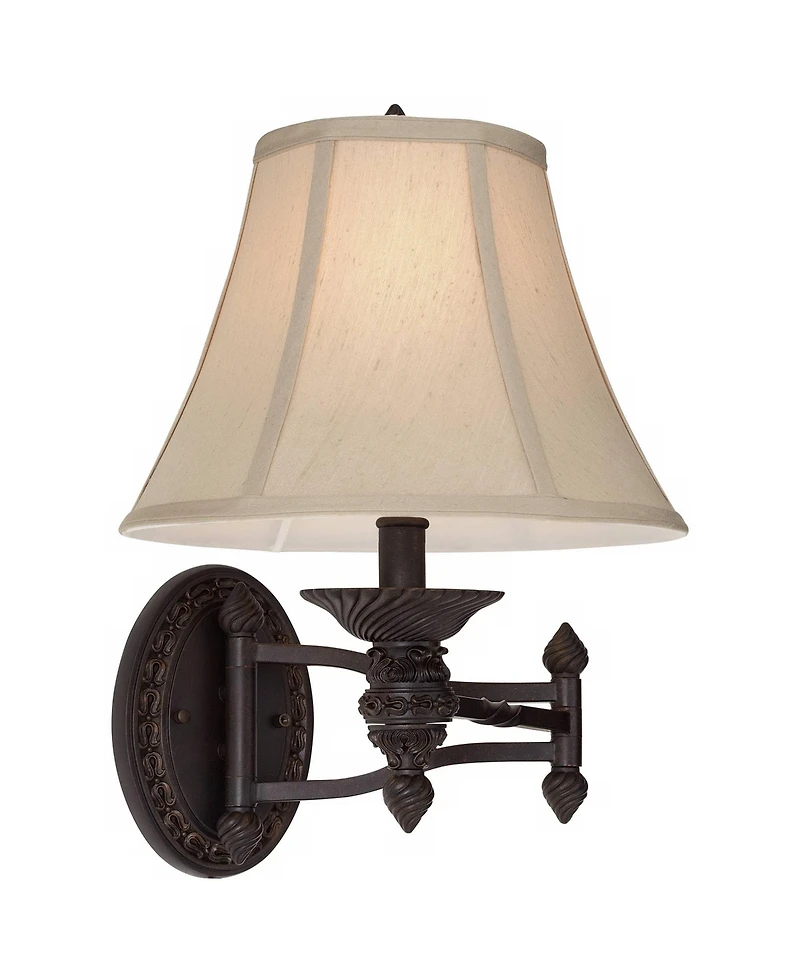 Barnes and Ivy Swing Arm Wall Lamp Bronze Plug-In Light Fixture Beige Softback Bell Shade for Bedroom Bedside Living Room Reading