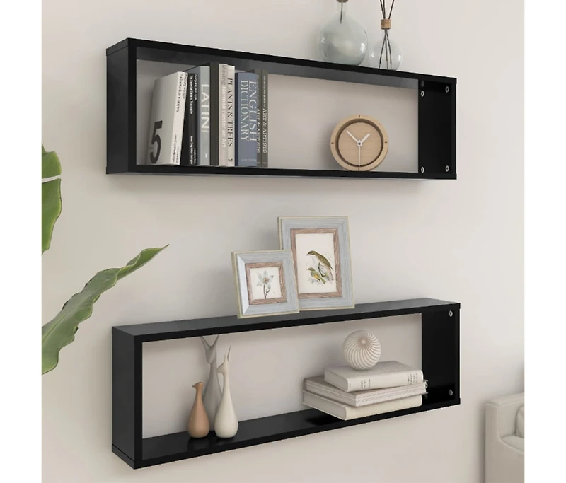 vidaXL Wall Cube Shelves 2 pcs Black 39.4"x5.9"x11.8" Engineered Wood