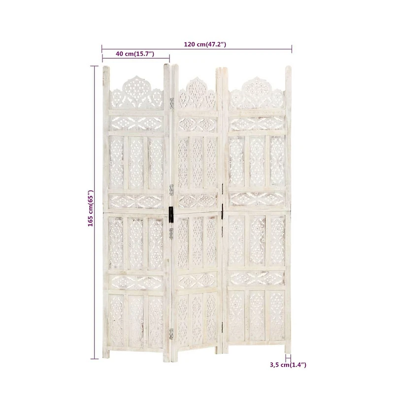 vidaXL Hand carved 3-Panel Room Divider White 47.2"x65" Solid Mango Wood