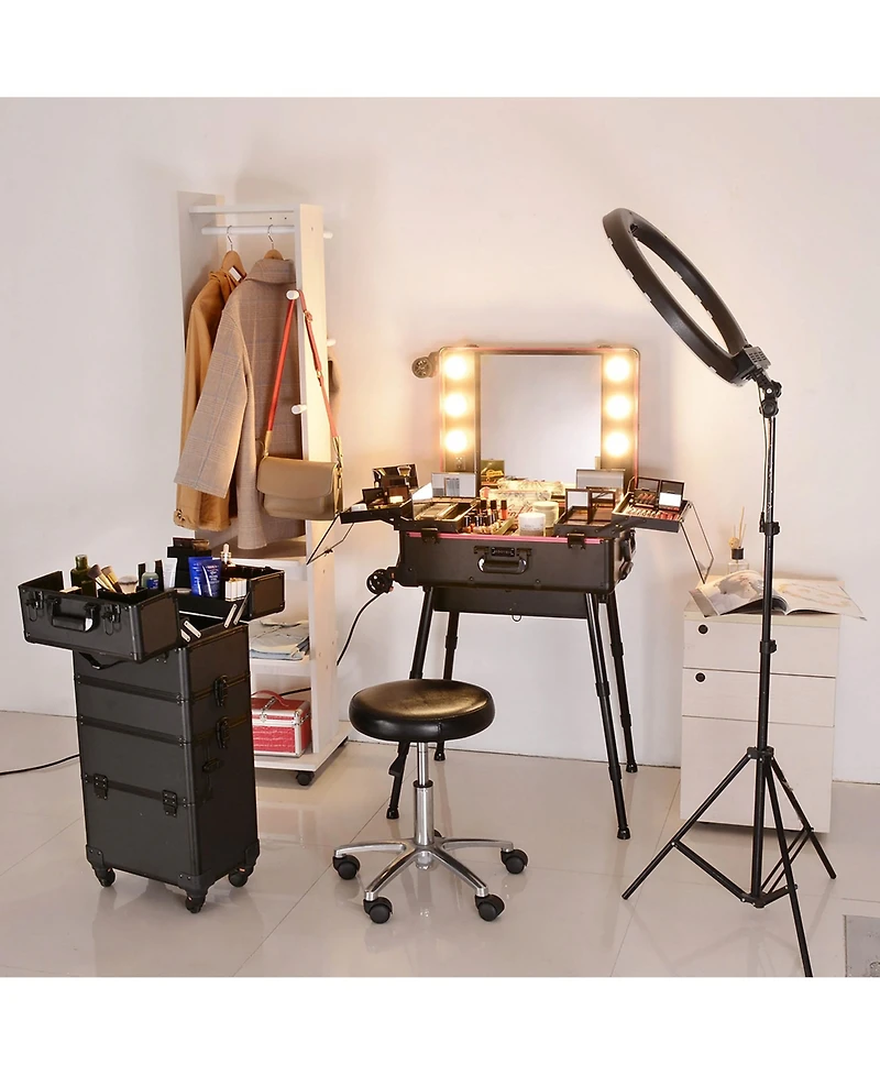 Byootique Rolling Makeup Case with Bulb Mirror Adjustable Leg Detachable Wheel