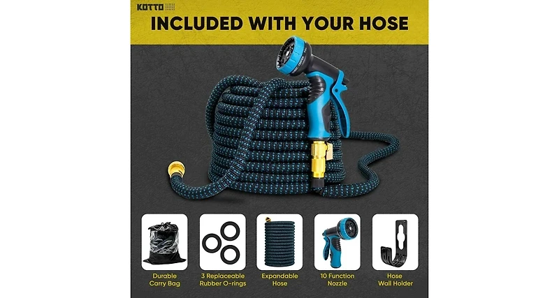 Kotto 100' Expandable Water Garden Hose: 10 Spray Nozzles, Solid Brass Connector