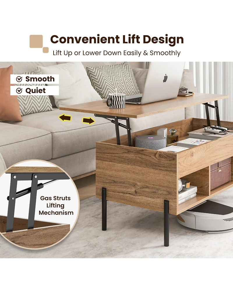 Sugift Living Room Central Table with Lifting Tabletop and Metal Legs-Natural