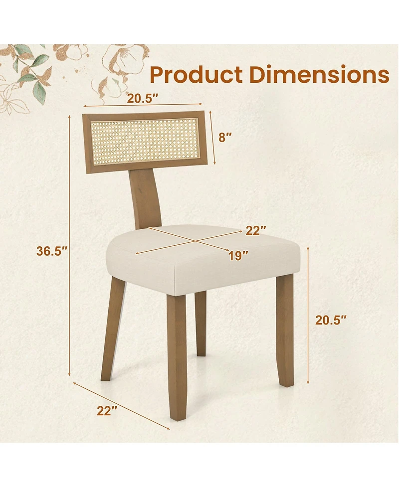 Sugift Set of 2 Linen Fabric Upholstered Accent Dining Chairs with Curved Rattan Backrests-Beige