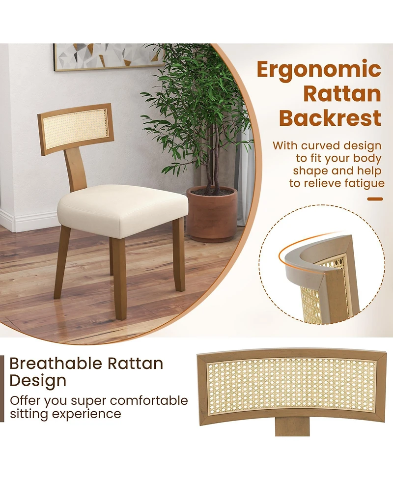 Sugift Set of 2 Linen Fabric Upholstered Accent Dining Chairs with Curved Rattan Backrests-Beige