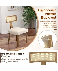 Sugift Set of 2 Linen Fabric Upholstered Accent Dining Chairs with Curved Rattan Backrests-Beige