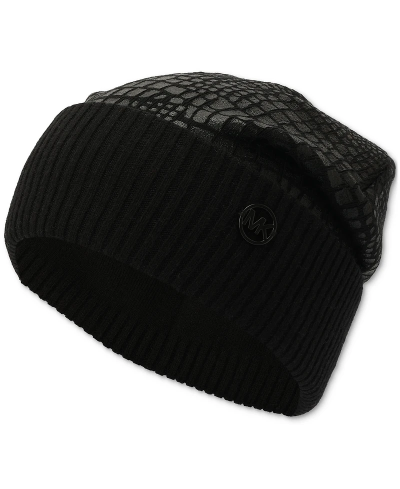 Michael Michael Kors Logo Charm Ribbed Trim Croc-Embossed Beanie
