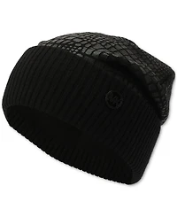 Michael Michael Kors Logo Charm Ribbed Trim Croc-Embossed Beanie