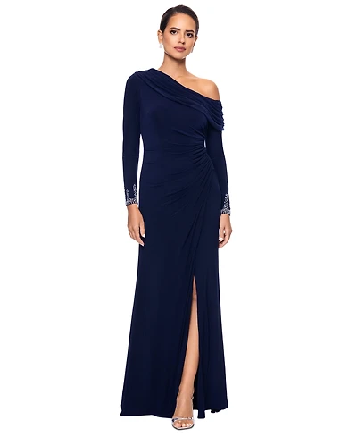Betsy & Adam Women's Off-One-Shoulder Beaded-Cuff Gown