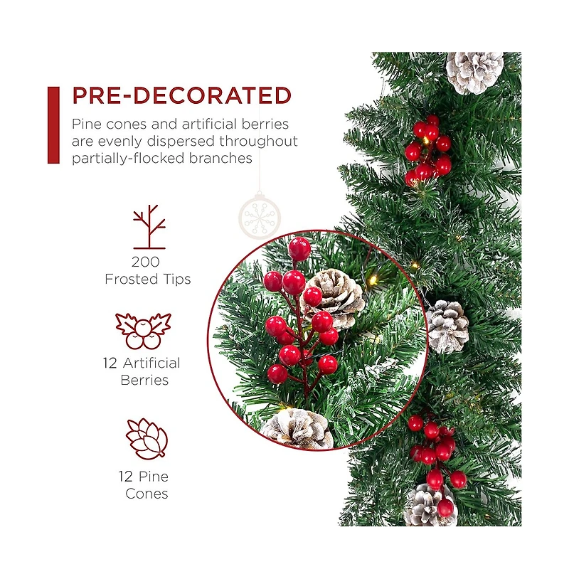 Cowin 9ft Christmas Garland Battery Operated Waterproof 50 Light 220 Branches Pine Cones and Berries