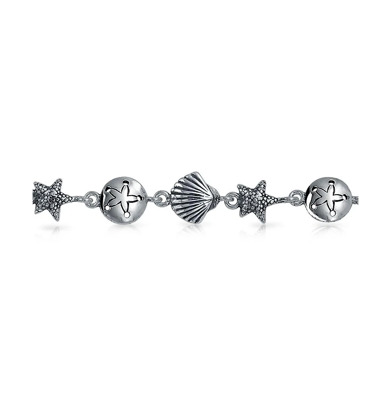 Bling Jewelry Tropical Beach Vacation Nautical Multi Charm Sand Dollar Sea Shell Starfish Link Bracelet Oxidized .925 Sterling Silver 7.5 Inch