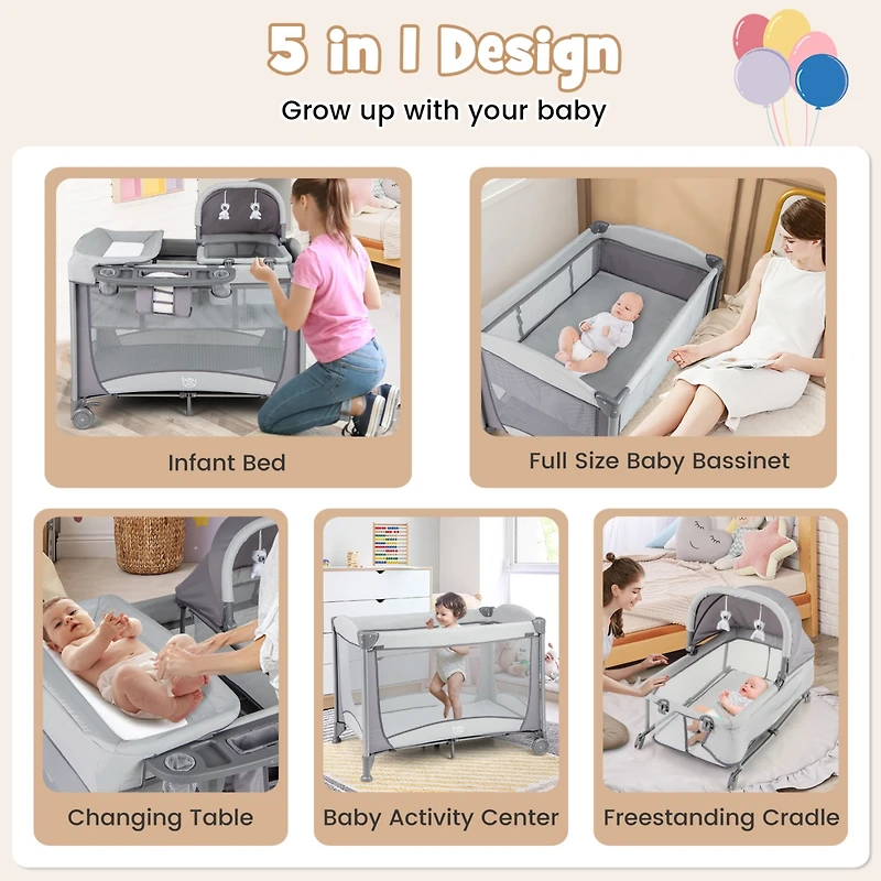 Costway 5 in 1 Portable Baby Playard Nursery Center with Cradle & Storage Basket