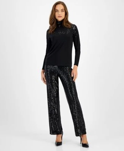 Anne Klein Womens Sequin Shoulder Turtleneck Top Sequin Pull On Pants