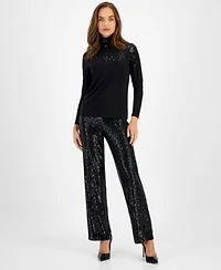 Anne Klein Womens Sequin Shoulder Turtleneck Top Sequin Pull On Pants