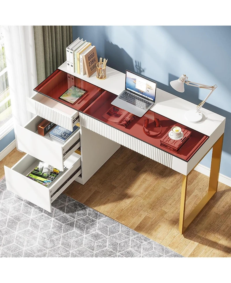 Tribesigns Computer Desk with 4 Drawers, 47 Inch Modern Home Office Desk with Glass Top, White and Gold Writing Workstation Desk with Storage, Makeup