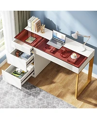 Tribesigns Computer Desk with 4 Drawers, 47 Inch Modern Home Office Desk with Glass Top, White and Gold Writing Workstation Desk with Storage, Makeup