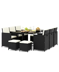 11 Piece Patio Dining Set Wicker Chairs and Tempered Glass Table with Waterproof Cushions-Black & White