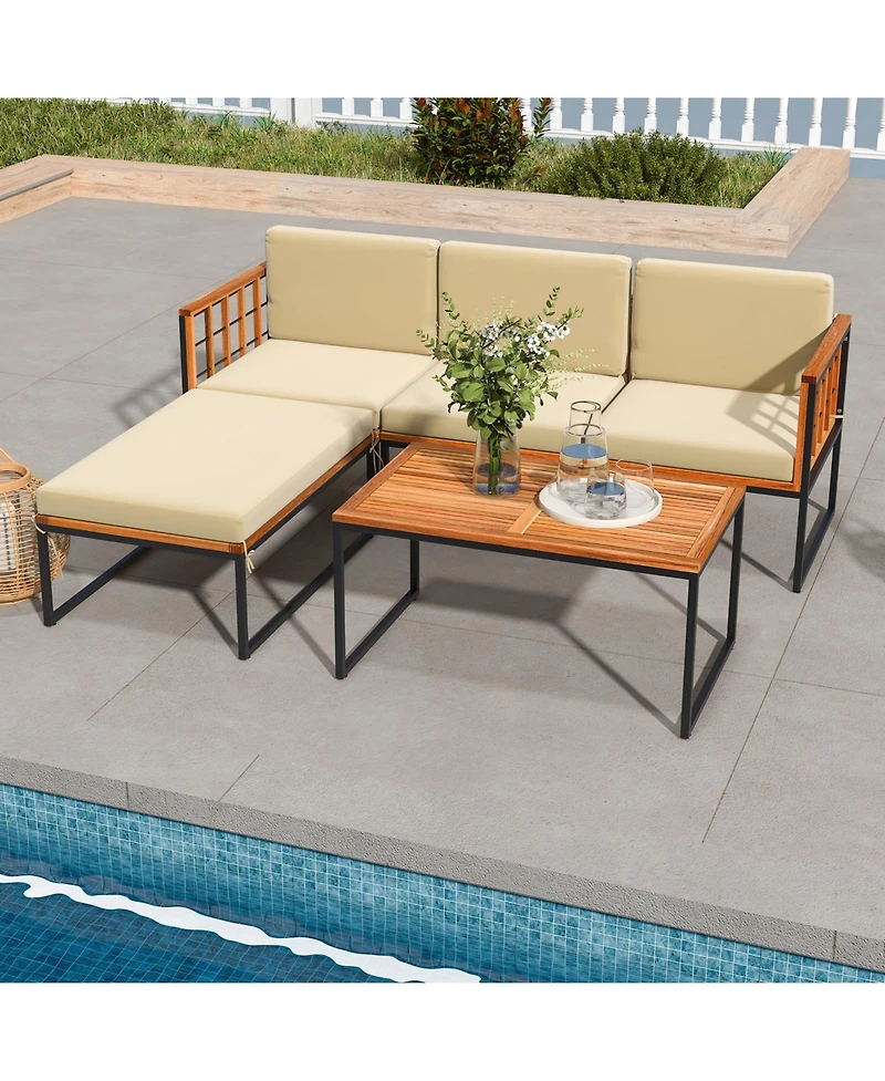 Givimo 5 Pieces Patio Furniture Set Acacia Wood Sectional Set with Heavy-Duty Metal Frame-Beige