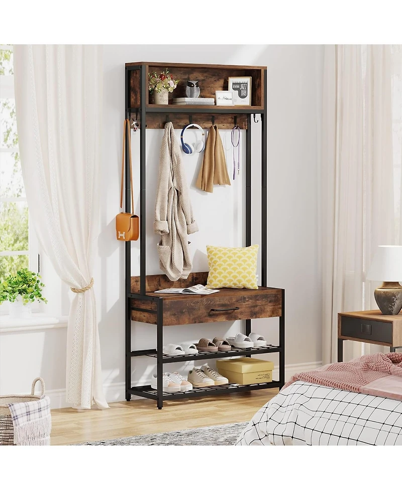 Tribesigns 3 in 1 Entrance Area Hallway Tree with Drawer, Vintage Industrial Coat Rack with Shoe Bench and Stable, Mudroom Bench with Shoe Rack and 9