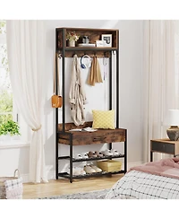 Tribesigns 3 in 1 Entrance Area Hallway Tree with Drawer, Vintage Industrial Coat Rack with Shoe Bench and Stable, Mudroom Bench with Shoe Rack and 9