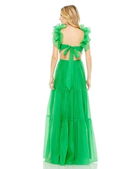 Mac Duggal Women's Ruffled Shoulder Cut Out Soft Tie Back Tiered Gown