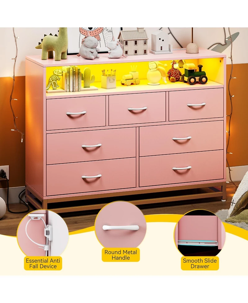 Pink Dresser for Bedroom, Modern 7 Drawers Long Dresser with Charging Station and Led Lights Design, Wooden Large Capacity Storage Chest of Drawers, W