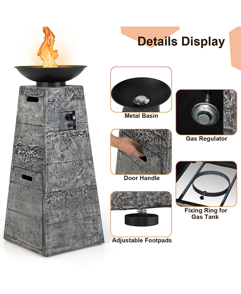 Inolait 48 Inch Propane Fire Bowl Column with Lava Rocks and Pvc Cover-Gray
