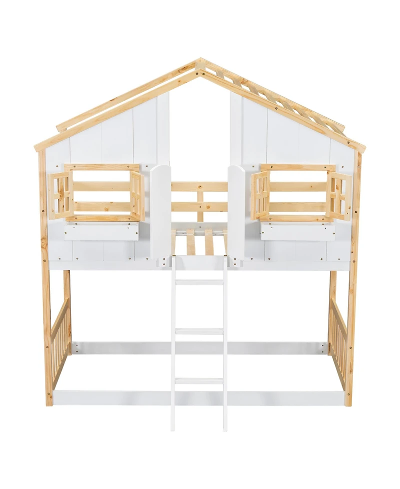 Streamdale Twin over Twin House Bunk Bed with Roof, Window, Door, Ladder
