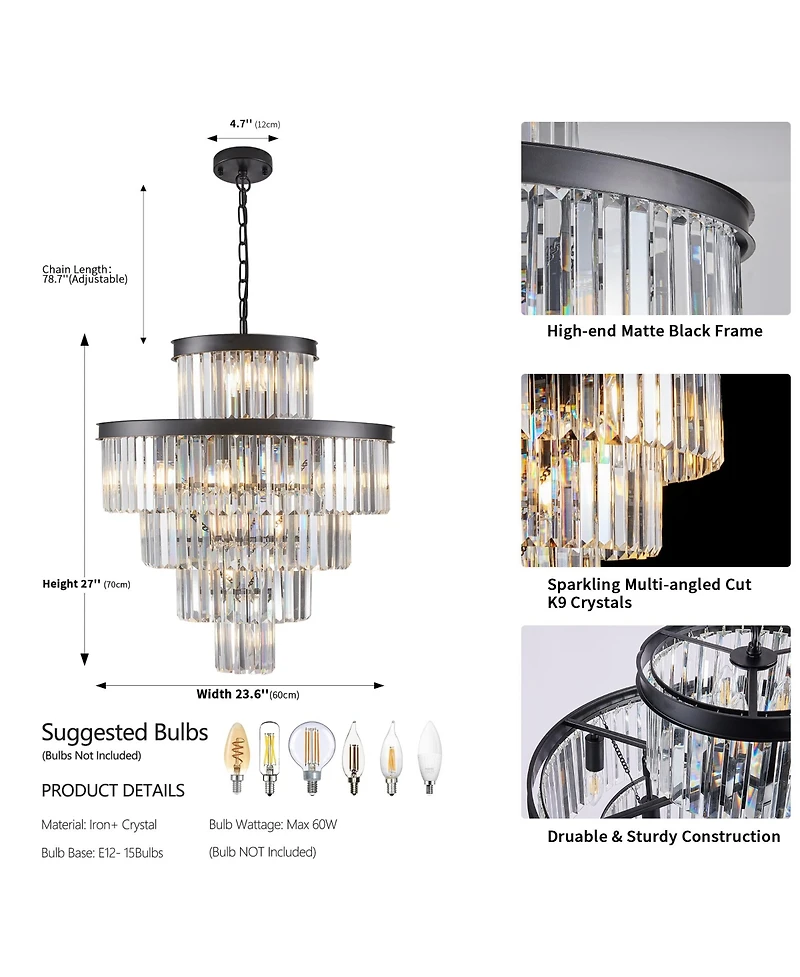 Streamdale Black Crystal Chandelier Modern Pendant Light for Dining Room