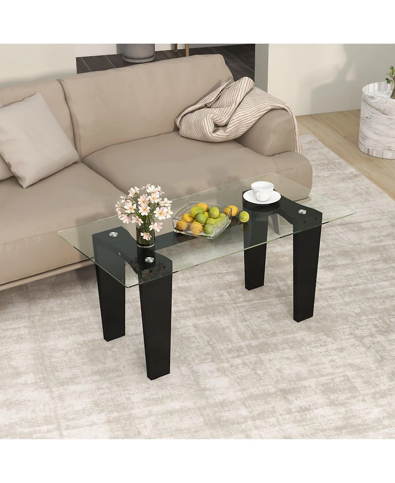 39.5 Inch Glass Coffee Table Modern Rectangular Center Table with Solid Rubber Wood Legs-Black