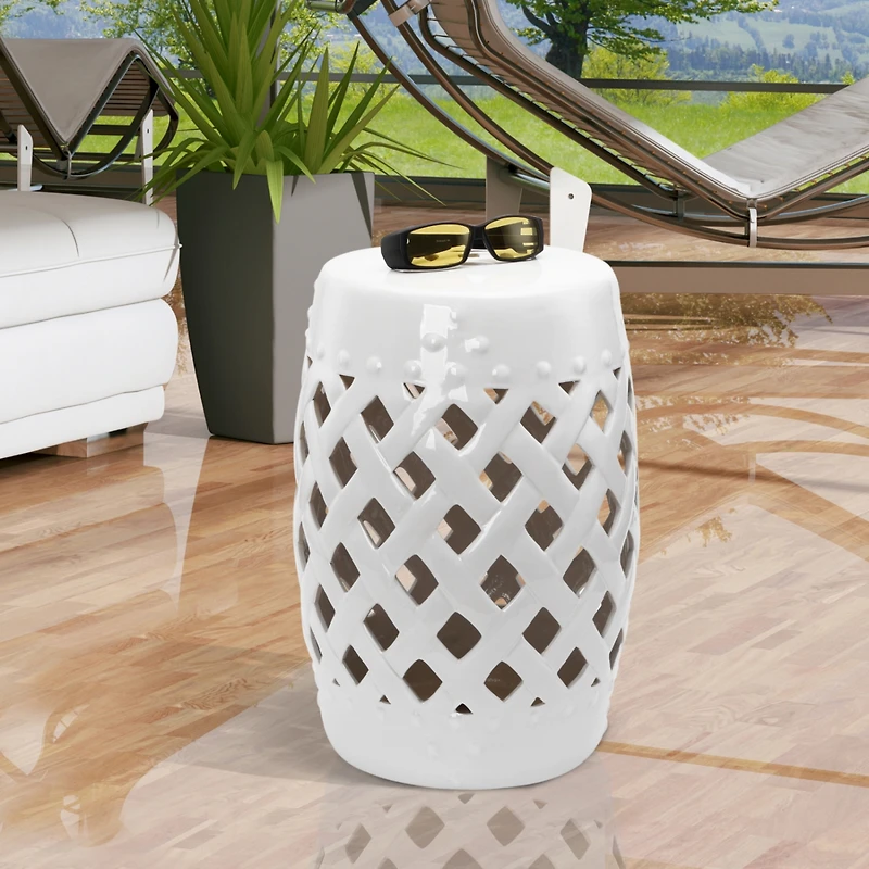 13" Ceramic Garden Stool with Woven Design