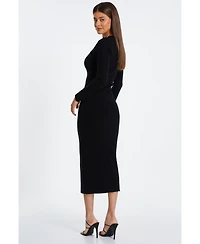 Quiz Women's Knit Diamante Trim Tie Neck Long Sleeve Sweater Dress