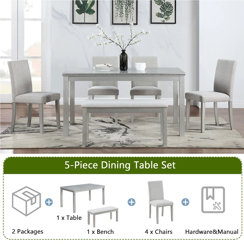 Streamdale Rectangular Dining Table w/ Bench for Small Spaces (Silver Grey)