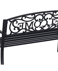 50" Black Metal Welcome Bench with Slatted Seat for Outdoor Spaces