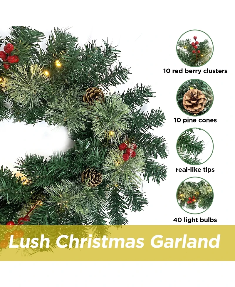 Cowin Christmas Garland with 40 Light and Pine Cones Berry Clusters 6ft