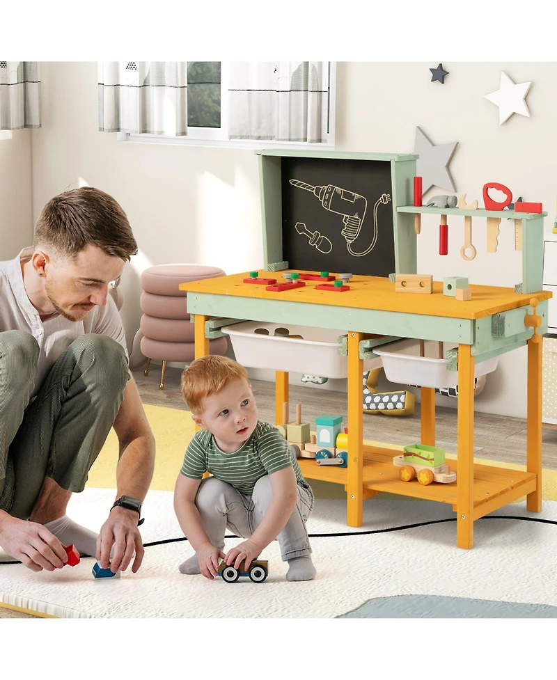 Vebreda Kids Wooden Toy Workbench with Storage Space and Blackboard
