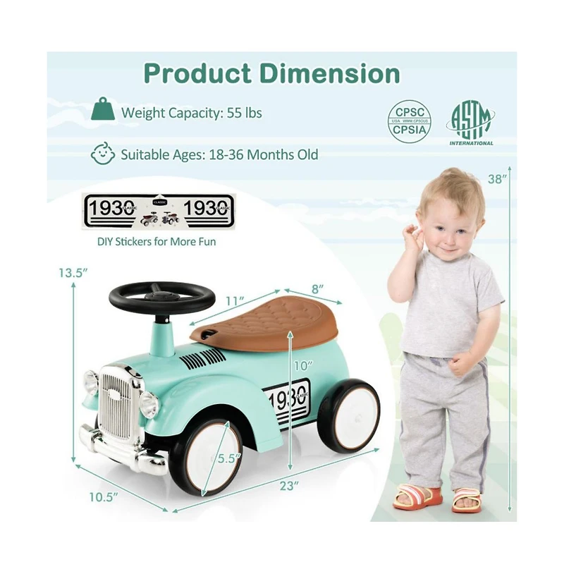 Kids Sit to Stand Vehicle with Working Steering Wheel and Under Seat Storage-White