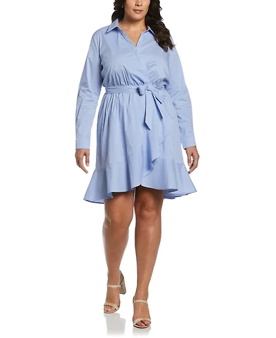 Rafaella Plus Stripe Poplin Ruffle Long Sleeve Wrap Dress