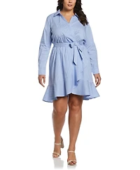 Rafaella Plus Stripe Poplin Ruffle Long Sleeve Wrap Dress