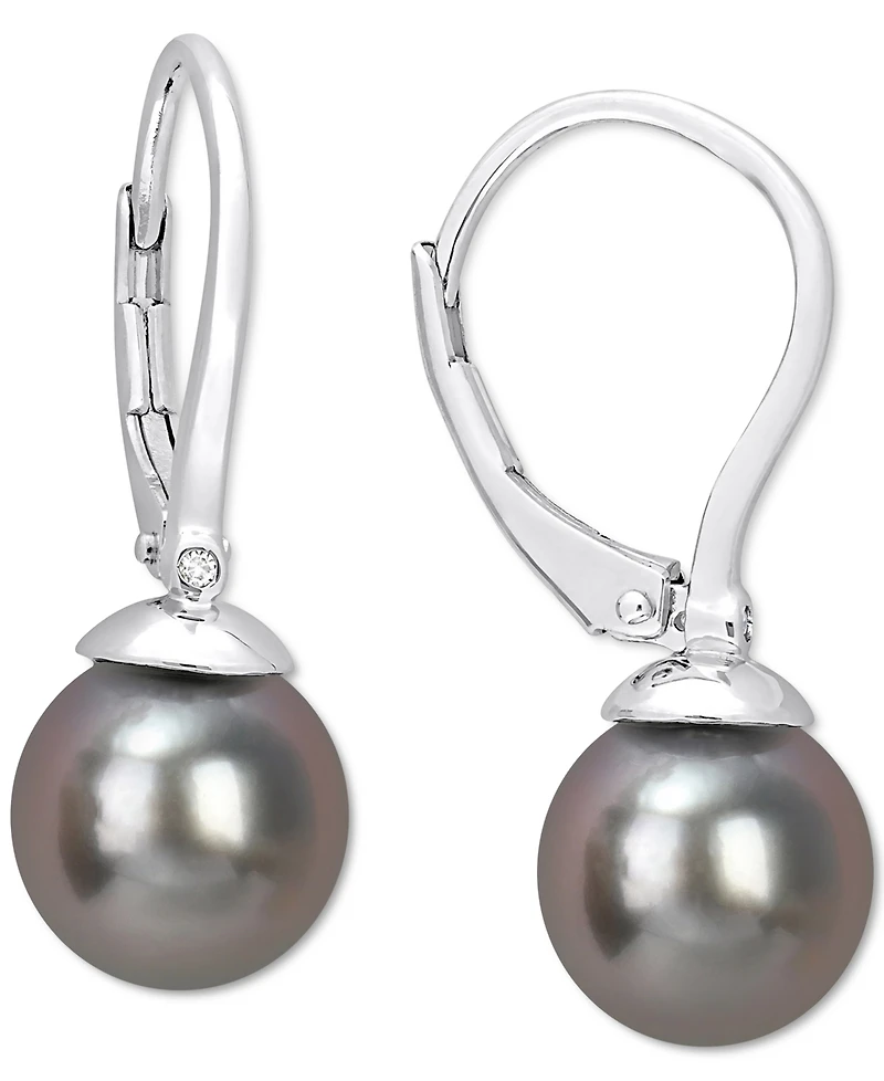 Cultured Tahitian Pearl (8mm) Leverback Drop Earrings in Sterling Silver