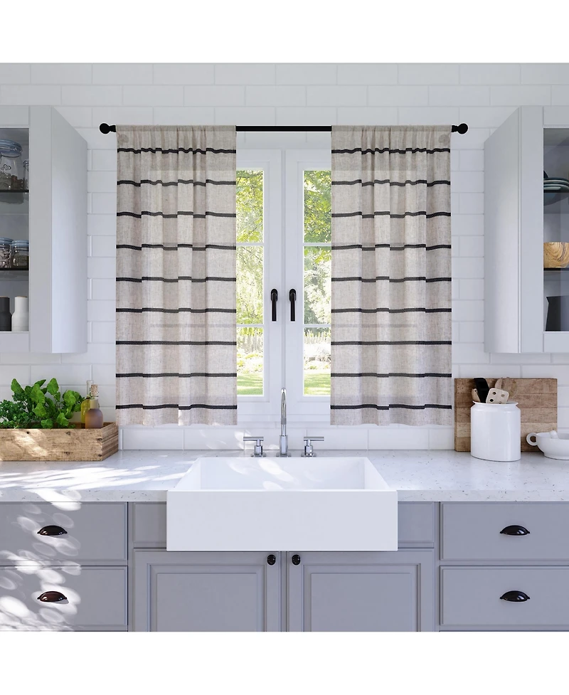Twill Stripe Anti-Dust Linen Blend Sheer Cafe Curtain Pair