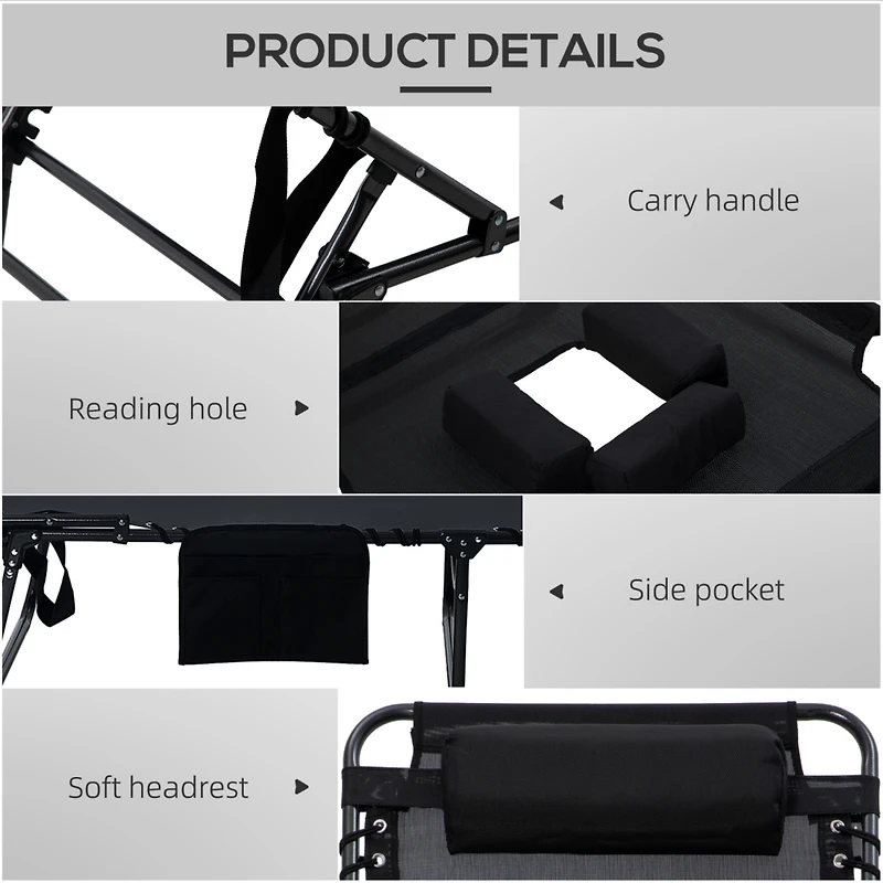 Folding Chaise Lounge with Adjustable Back, Reading Hole, Pocket & Headrest