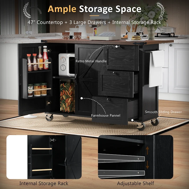 Streamdale Black Farmhouse Kitchen Island w/ Storage, Drop Leaf, Outlet