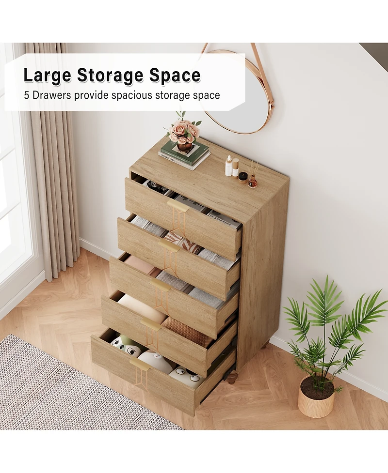 gaomon 5 Drawer Dresser with Deep Drawers for Bedroom, Modern Wooden Chest Dresser with Deep Drawers with Vintage Pattern Design, Oak and Gold_48.23"D